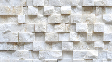 Obraz premium Textured white stone wall with overlapping rectangular tiles, creating modern and elegant appearance. Ideal for interior design and architectural projects