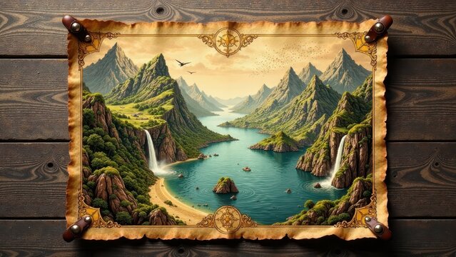 An Ancient Scroll Depicting a Serene Coastal Valley with Majestic Mountains and Cascading Waterfalls, Displayed on a Dark Wooden Surface