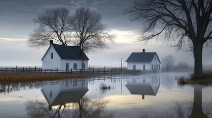 Obraz premium Flooded Farmland and Homes Amidst Stormy Weather