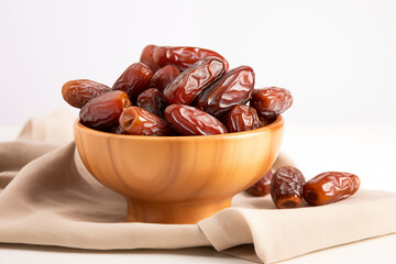 close-up of rustic wooden bowl filled with plump dates