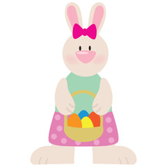 Cute Easter bunny girl with basket vector cartoon illustration