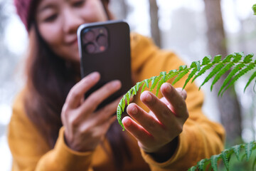 A woman taking photos of green plant with smartphone in the forest