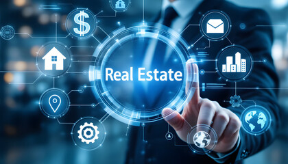 Obraz premium Modern Real Estate Concept, Hand Touching Digital Interface, Real Estate Technology, Digital Network and Property Icons, Real Estate Investment, Digital Interface with Property and Location Icons