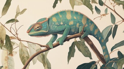 A vibrant chameleon perched on a branch surrounded by leaves.