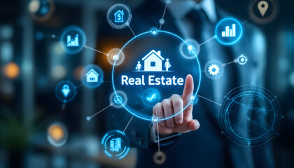 Modern Real Estate Concept, Hand Touching Digital Interface, Real Estate Technology, Digital Network and Property Icons, Real Estate Investment, Digital Interface with Property and Location Icons