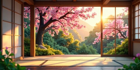 Serene Sunrise View from a Traditional Wooden Room with Blossoming Cherry Tree