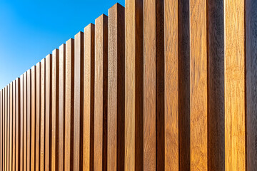 Obraz premium low angle view of minimalist wooden slat wall against clear blue sky, showcasing natural texture and warm tones of wood