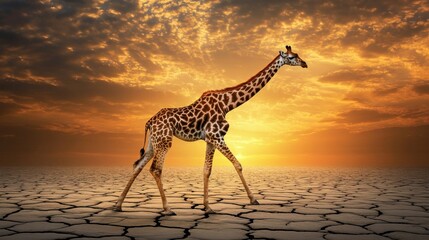Giraffe Walking on Cracked Desert Terrain at Sunset