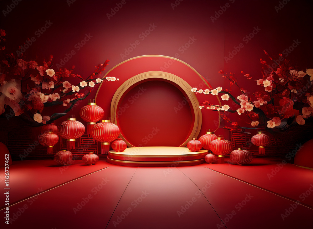 Aufkleber a luxurious red and gold chinese new year scene. a circular display platform is adorned with blossom