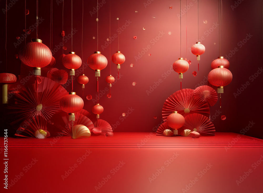 Poster red lanterns and paper fans adorn a festive scene, creating a celebratory atmosphere. glittering ele