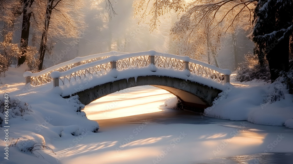 Aufkleber a snow-covered bridge over a frozen stream with soft sunlight filtering through winter trees