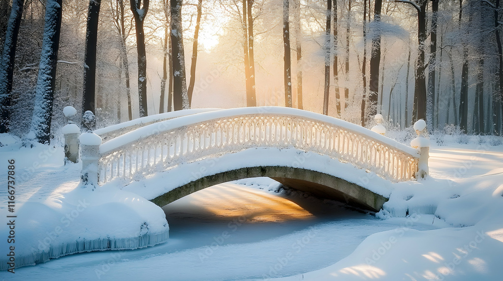 Aufkleber a snow-covered bridge over a frozen stream with soft sunlight filtering through winter trees