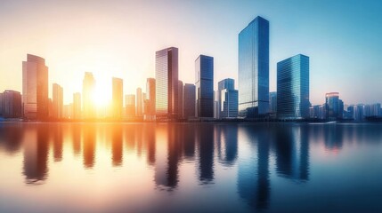 Fototapeta premium A vibrant city skyline at sunrise, reflecting on calm waters.