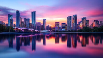 Fototapeta premium A vibrant city skyline at sunset reflected in calm water.