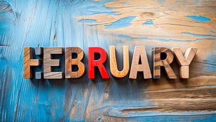 Hello February word abstract in wood type