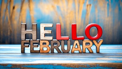 Hello February word abstract in wood type