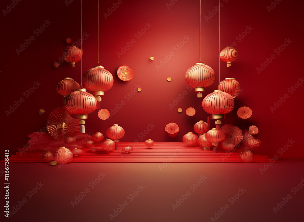 Poster red lanterns of varying sizes hang and rest on a crimson platform against a deep red backdrop. a fes