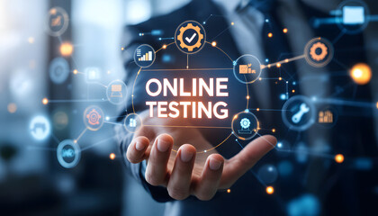 Online Testing Concept,  Hand Reaching Towards Digital Test Network, Digital Assessment and Testing, Online Examination and Analysis, Online Testing Technology, Network of Digital Test Icons and Data