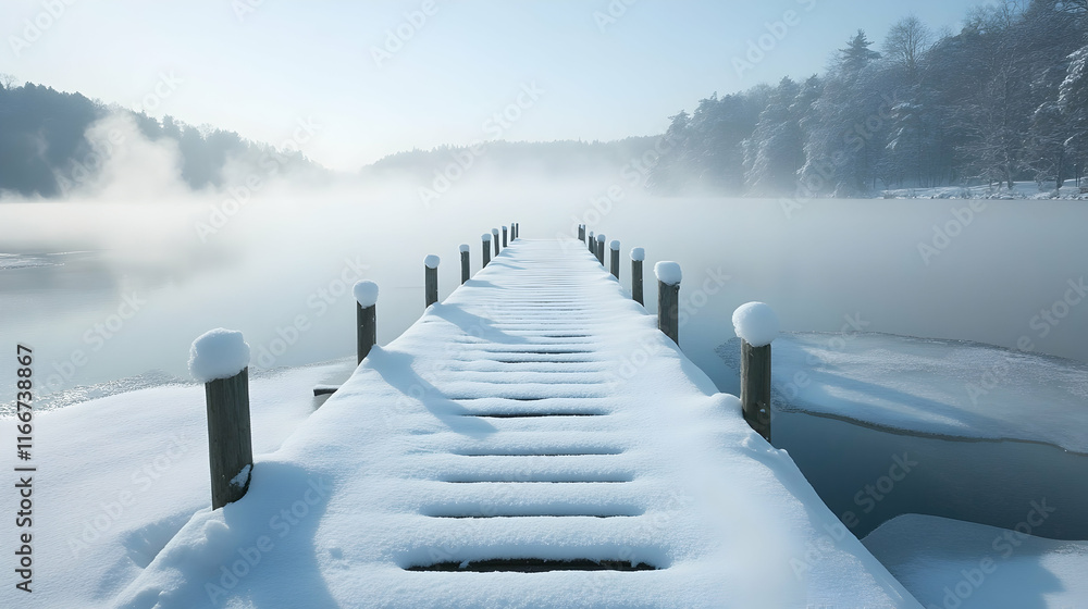 Poster a snow-covered wooden dock extending into a partially frozen lake with mist rising in the distance