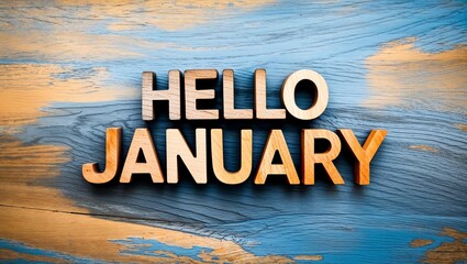 Hello January word abstract in wood type