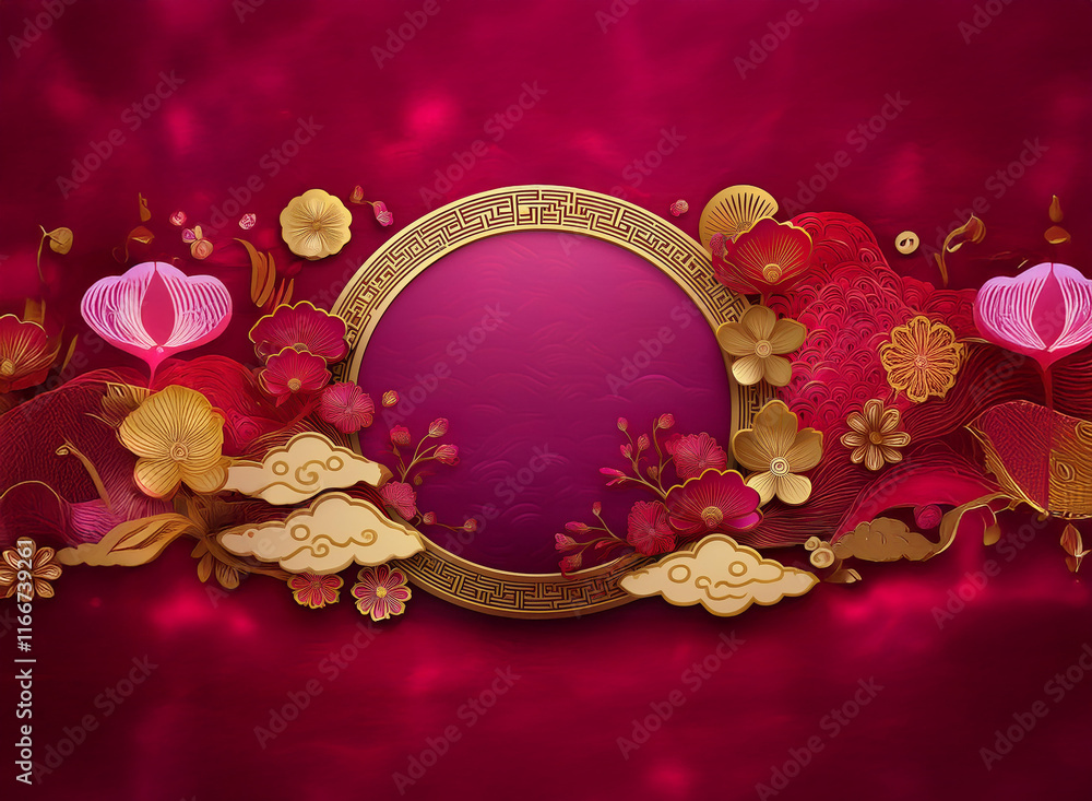 Wall mural Elegant crimson background features a gold circular frame adorned with  red and gold paper-cut flowers, clouds, and intricate patterns.  Perfect for festive celebrations.