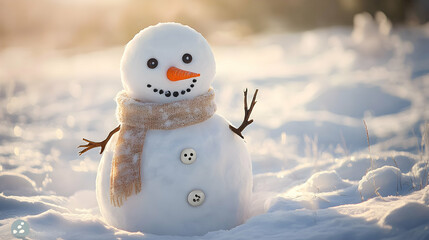 Obraz premium A snowman with a carrot nose, button eyes and a scarf in the middle of a snowy field, surrounded by soft sunlight