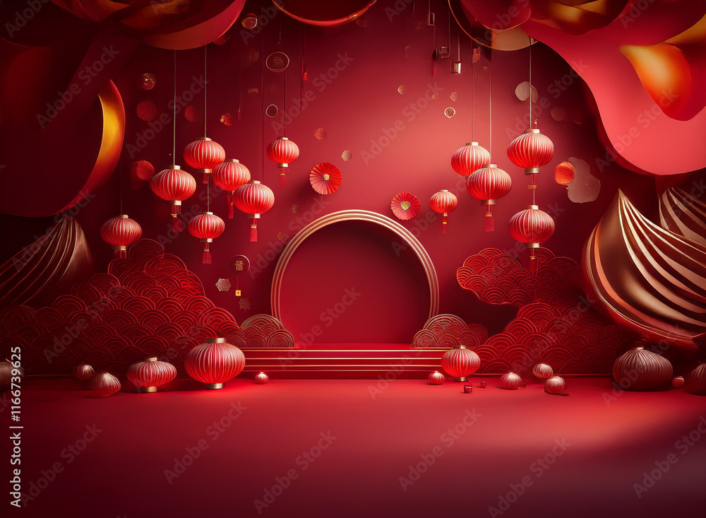 Poster a festive 3d rendering of a red and gold stage, adorned with hanging lanterns and abstract shapes. p