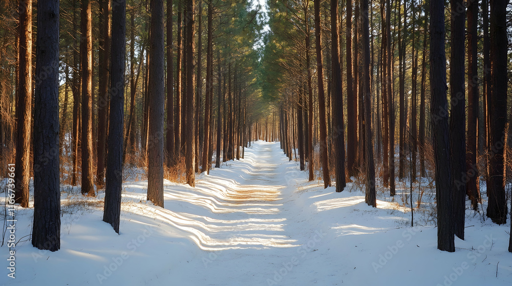 Aufkleber a snowy forest trail with tall pine trees on both sides and soft sunlight filtering through the bran