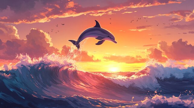Sunset dolphin jumping over breaking waves. Marine animals in natural habitat