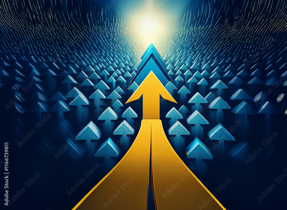 Poster a golden path of two arrows points towards a bright light, surrounded by numerous smaller blue arrow