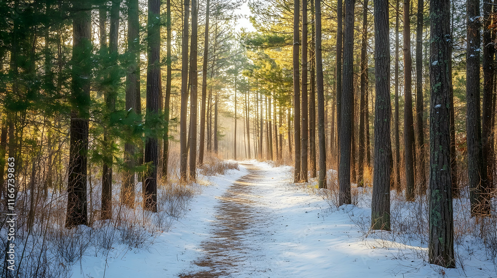 Aufkleber a snowy forest trail with tall pine trees on both sides and soft sunlight filtering through the bran