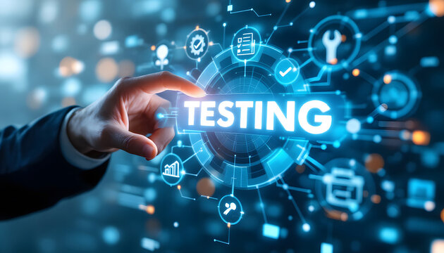 Software Testing Concept, Hand Interacting with Digital Interface, Digital Testing and Quality Assurance, Technology and Analysis