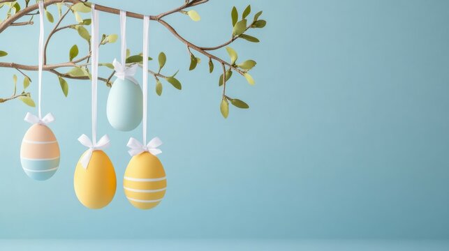 A blue background with four eggs hanging from a branch - Powered by Adobe