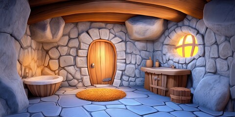 Obraz premium 2d animated cartoon stone bathroom, cave interior, well lit, prehistoric interior design 