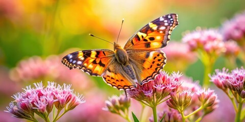 Fototapeta premium Close up of a beautiful butterfly feeding on wild flowers, butterfly, insect, nature, close up, colorful, wings, botanical