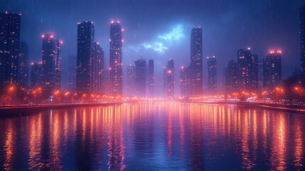 Fototapeta premium A vibrant cityscape at night, illuminated by neon lights and reflected in the water.