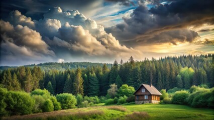 A tranquil scene with a cloudy sky, a dense forest, and a house in the foreground , Nature, tranquil, serene, landscape