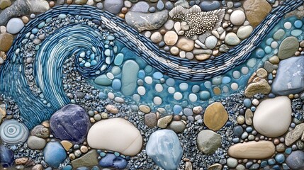 Abstract mosaic artwork depicting a swirling blue stream of pebbles and stones.