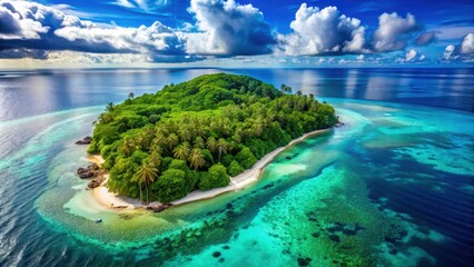 Obraz premium Aerial view of an exotic tropical island with a sea beach, green forest, blue sky, and clouds, exotic, tropical
