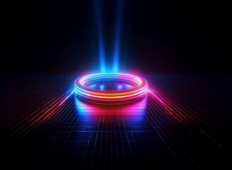 A vibrant, glowing neon ring rests on a dark, futuristic surface, illuminated by bright blue and red beams of light.  The scene evokes a sense of energy and technology.
