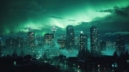 Fototapeta premium A vibrant cityscape illuminated by northern lights, showcasing urban architecture and nature.