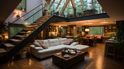 Fototapeta premium Modern Luxurious Home Interior Design with Glass Staircase and Forest Views