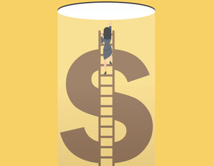 Courage to escape for freedom. Business woman Climbing Ladder to Financial Independence