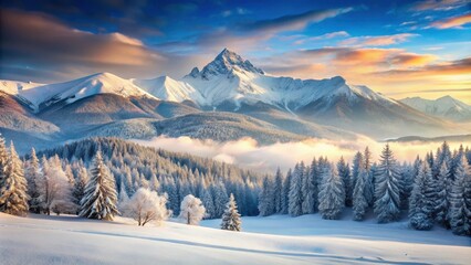 Frosty mountain landscape with snow-capped peak and surrounding hills, winter wonderland, snow capped mountains