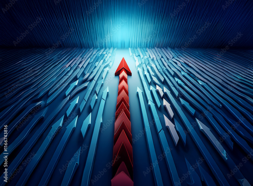 Poster a red arrow ascends through a maze of blue arrows, symbolizing overcoming challenges and achieving s