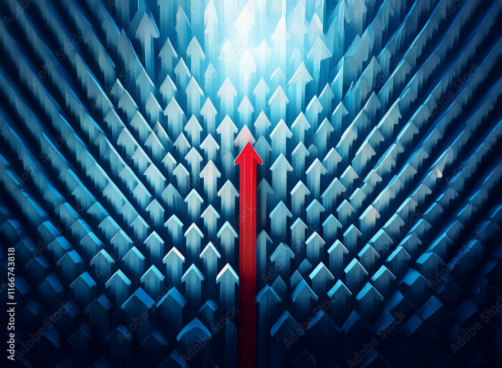 Poster a single red arrow ascends, powerfully contrasting a field of blue arrows pointing upwards. it symbo