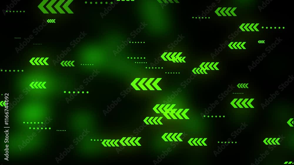 Poster Animated abstract technology dark green background. Arrows looped Animation, glowing particles. hi-tech concept. virtual space, motion graphics design.