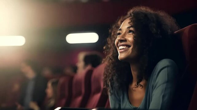 a woman smiles at a movie theater, people in happy moment concept, generative AI