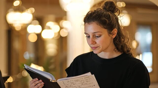 Understudy Reviewing Annotated Script in Theater Lobby Preparing