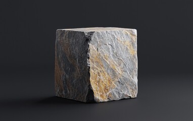 Cube-shaped rock with natural texture and earthy tones placed against a dark background in a minimalist setting